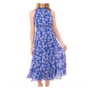 MSK Sleeveless V-Neck Smocked Tiered Maxi Dress LARGE Blue Floral